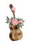 Watercolor country guitar with red flowers and greenery, illustration isolated on white background. Rustic wedding