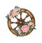 Watercolor country Wooden wheel with red flowers and greenery, illustration isolated on white background. Rustic wedding