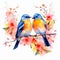 Watercolor Couple of bird on a branch with Blossom flower isolated on White Background