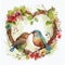 Watercolor Couple Bird in love with heart shape floral wreath.