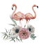 Watercolor couple flamingo with ranunculus and anemone bouquet. Hand painted exotic birds with eucalyptus leaves