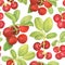 Watercolor cowberry seamless pattern. Hand drawn branches with red berries and leaves on white background. Forest plant