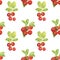 Watercolor cowberry seamless pattern. Hand drawn branches with red berries and leaves on white background. Forest plant