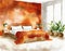 Watercolor of Cozy bedroom with rustic sustainable warm orange wooden pallet