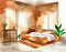 Watercolor of Cozy bedroom with rustic sustainable warm orange wooden pallet