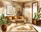 Watercolor of Cozy ethnic boho home with warm brown living room