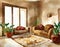 Watercolor of Cozy ethnic boho home with warm brown living room