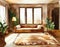 Watercolor of Cozy ethnic boho home with warm brown living room