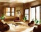 Watercolor of Cozy ethnic boho home with warm brown living room