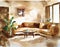 Watercolor of Cozy ethnic boho home with warm brown living room