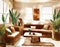 Watercolor of Cozy ethnic boho home with warm brown living room