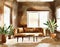 Watercolor of Cozy ethnic boho home with warm brown living room