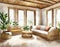 Watercolor of Cozy living room with a rustic rattan wooden and tasteful