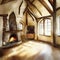 Watercolor of Cozy medieval living room with wooden floors and a