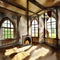 Watercolor of Cozy medieval living room with wooden floors and a