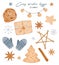 Watercolor cozy winter hygge New year set clipart. Christmas spices star anise, cinnamon. Flat cartoon style