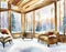 Watercolor of Cozy winter living room with a beautiful forest