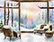 Watercolor of Cozy winter living room with a beautiful forest