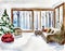 Watercolor of Cozy winter living room with a beautiful forest