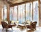 Watercolor of Cozy winter living room with a beautiful forest