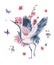 Watercolor crane, blooming branches of cherry, peonies