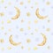 Watercolor crescent moon and stars on light background. Seamless pattern