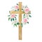 Watercolor cross decorated with flowers, Easter religious symbol