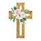 Watercolor cross decorated with flowers, Easter religious symbol