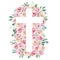 Watercolor cross decorated with roses, Easter religious symbol