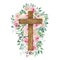 Watercolor cross decorated with roses, Easter religious symbol