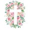 Watercolor cross decorated with roses, Easter religious symbol