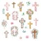 Watercolor crosses decorated with roses, Easter religious symbol