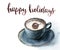 Watercolor cup of cappuccino with Happy holidays lettering. Christmas illustration with blue cup of coffee and cinnamon