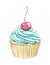 Watercolor cupcake with green mint cream and cherry