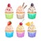 Watercolor cupcakes collection. Watercolor cupcakes set