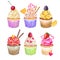 Watercolor cupcakes collection. Watercolor cupcakes set