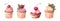 Watercolor cupcakes set with different type of cupcakes: strawberry, blueberry, chocolate. citrus, raspberry. Isolated