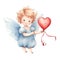 watercolor cupid angel with red heart valentine\\\'s day card decor on white background