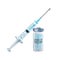 Watercolor cut plastic medical syringe with glass ampoule vial with coronavirus COVID-19 vaccine