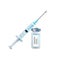 Watercolor cut plastic medical syringe with glass ampoule vial with coronavirus COVID-19 vaccine