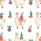 Watercolor cute alpaca seamless pattern. Cacti digital paper, cactus, florals, llama illustration. Mexican pattern, white lama
