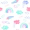 Watercolor cute baby boho rainbow seamless pattern with star, clouds, abstract.