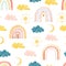 Watercolor cute baby boho rainbow seamless pattern with sun, clouds, moon phase. Childish nursery for kids