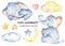 Watercolor cute baby elephants set with clouds, stars, crescent