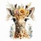 Watercolor Cute Baby Giraffe Delight: Boho Floral, Isolated on White background - Generative AI