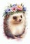 Watercolor cute baby Hedgehog portrait print. Happy animal face with flowers crown. White background. Wild life