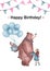 Watercolor cute bear hugs girl and congratulating with happy birthday