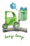 Watercolor cute birthday green forklift with gift box and balloons. Hand draw illustration of cartoon green car with big wheels.