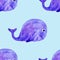 Watercolor cute blue sea whale seamless pattern. fun pattern for kids. underwater world