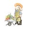 Watercolor cute bunny gardener with wheel barrow and vegetables. Spring Summer. Baby character. Children room decor. Perfect for